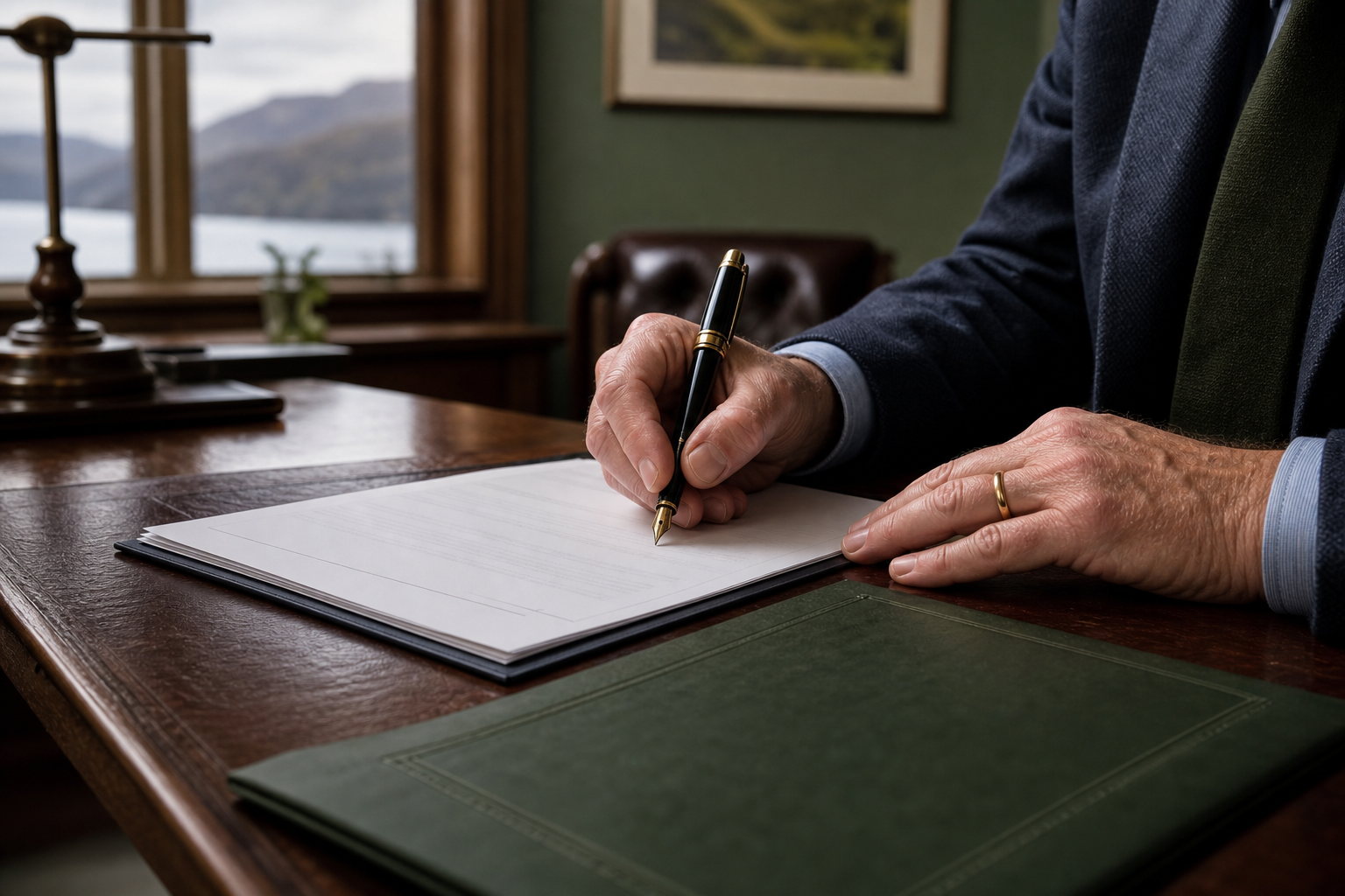 A person reviewing and signing formal documents