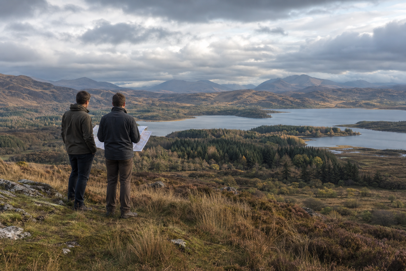 Two people assessing a Highland estate with a map