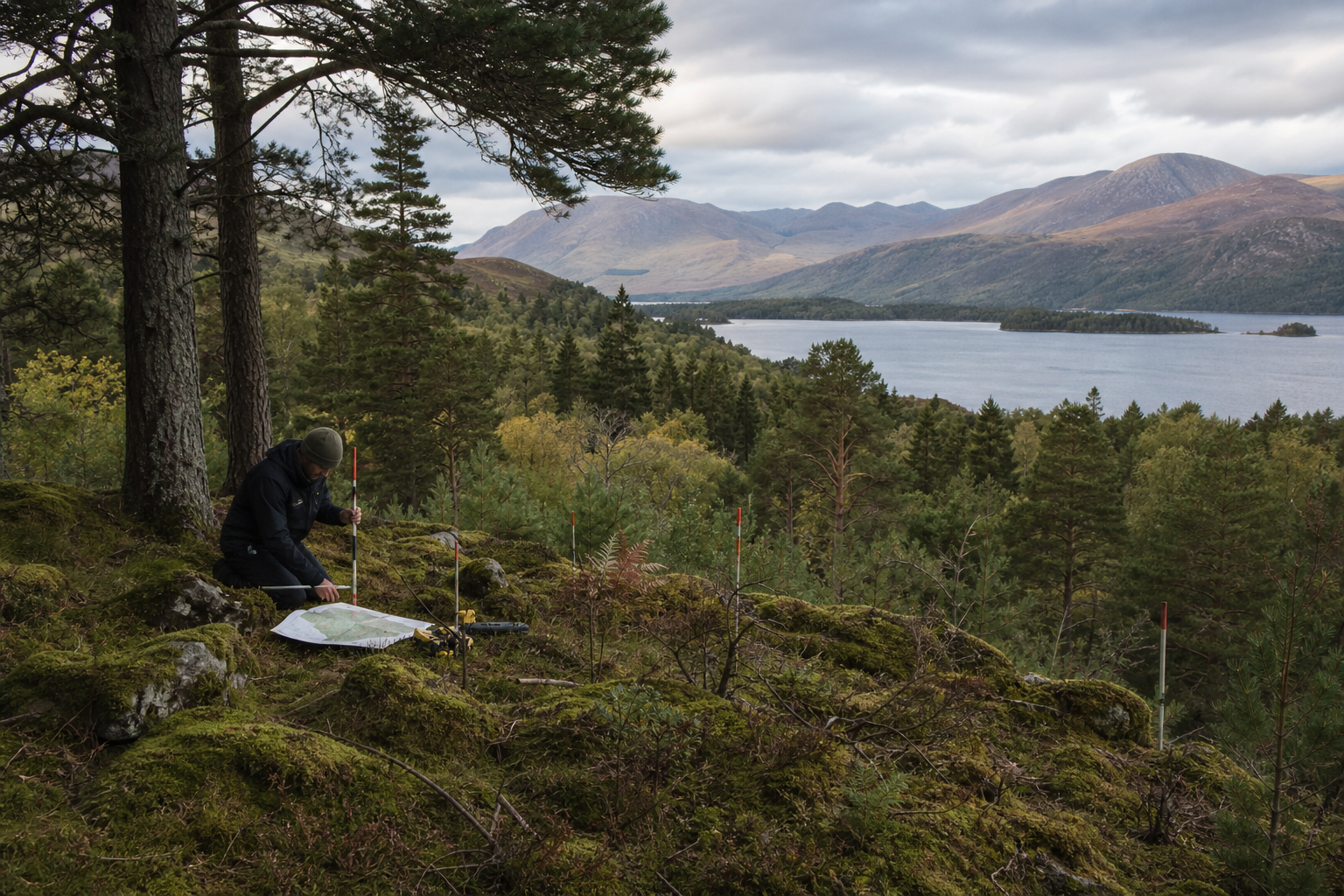 A surveyor carefully mapping wooded Highland land beside a loch