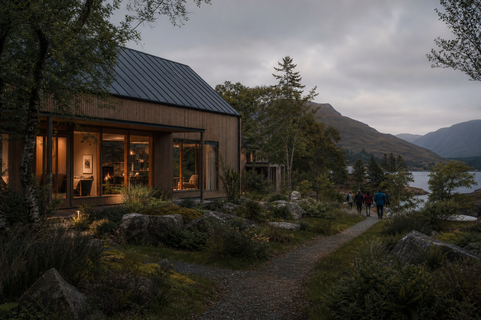A restrained timber home within a shared Highland landscape