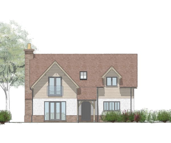 Oakwrights front-elevation concept drawing for the Dinedor home