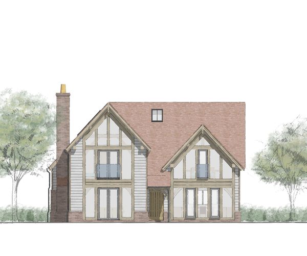 Oakwrights front-elevation concept drawing for the Woodhouse home