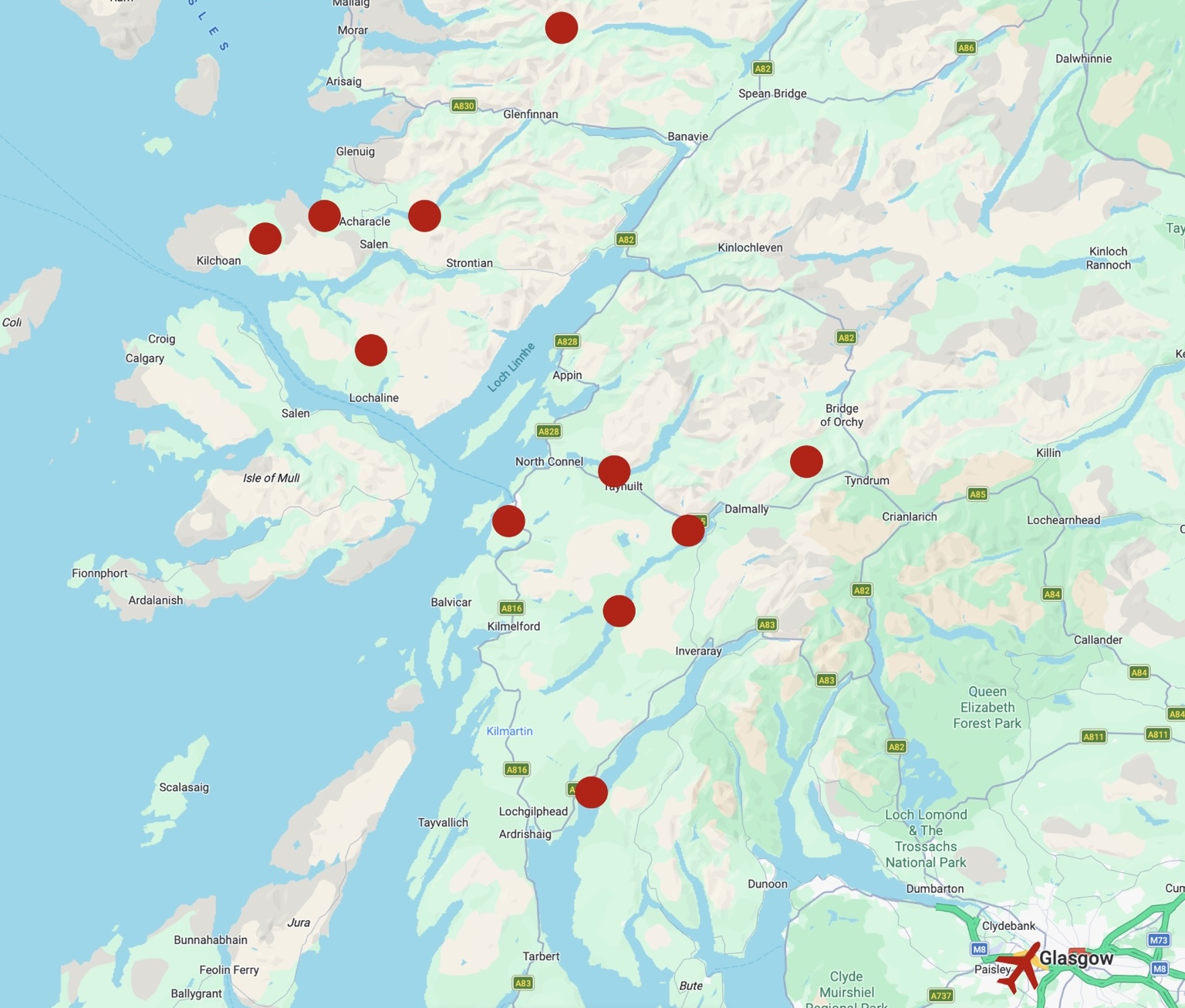 Map showing assessed and visited potential sites across the west Highlands
