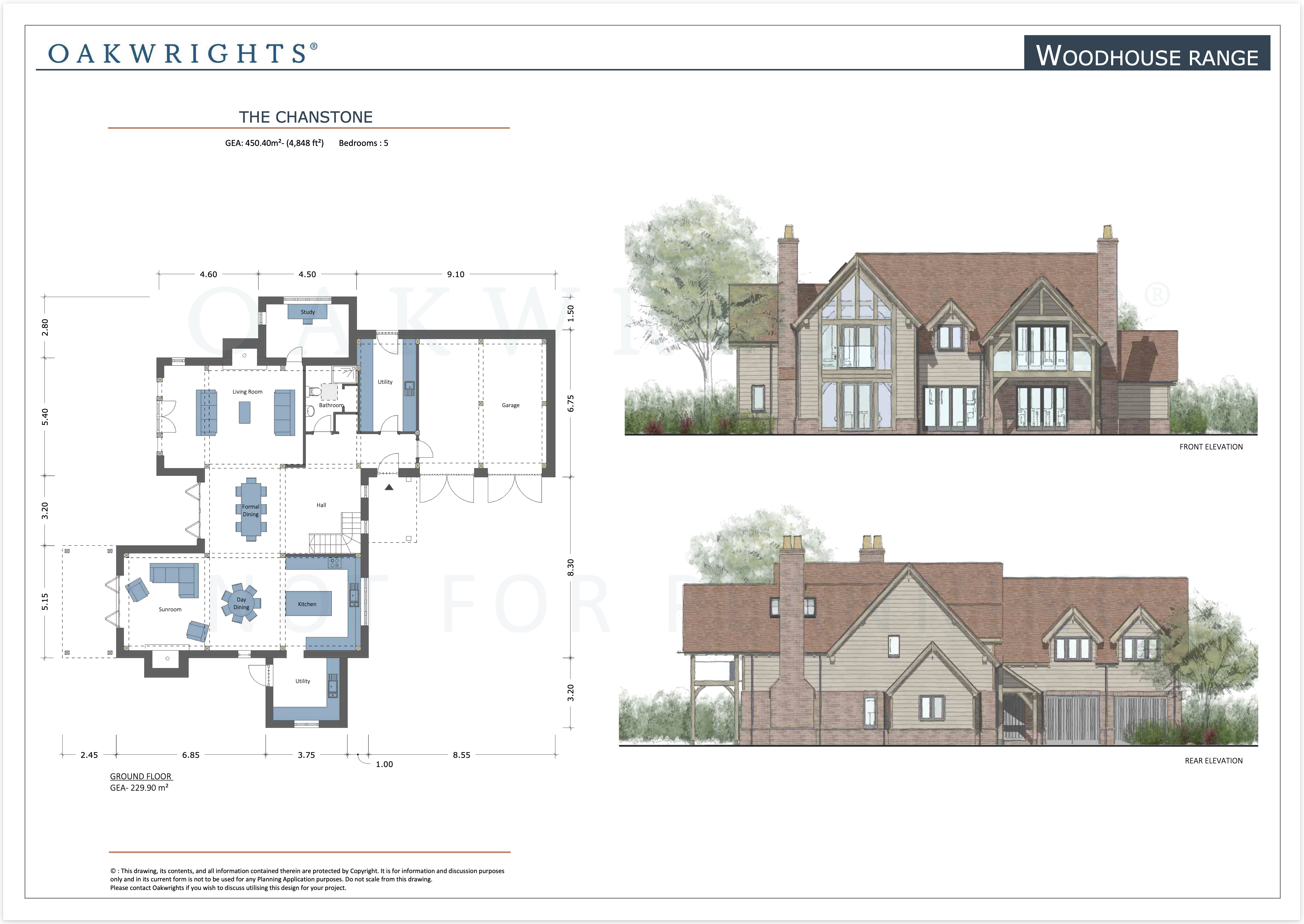 Oakwrights concept sheet for the Chanstone oak-frame home, showing its plan and elevations