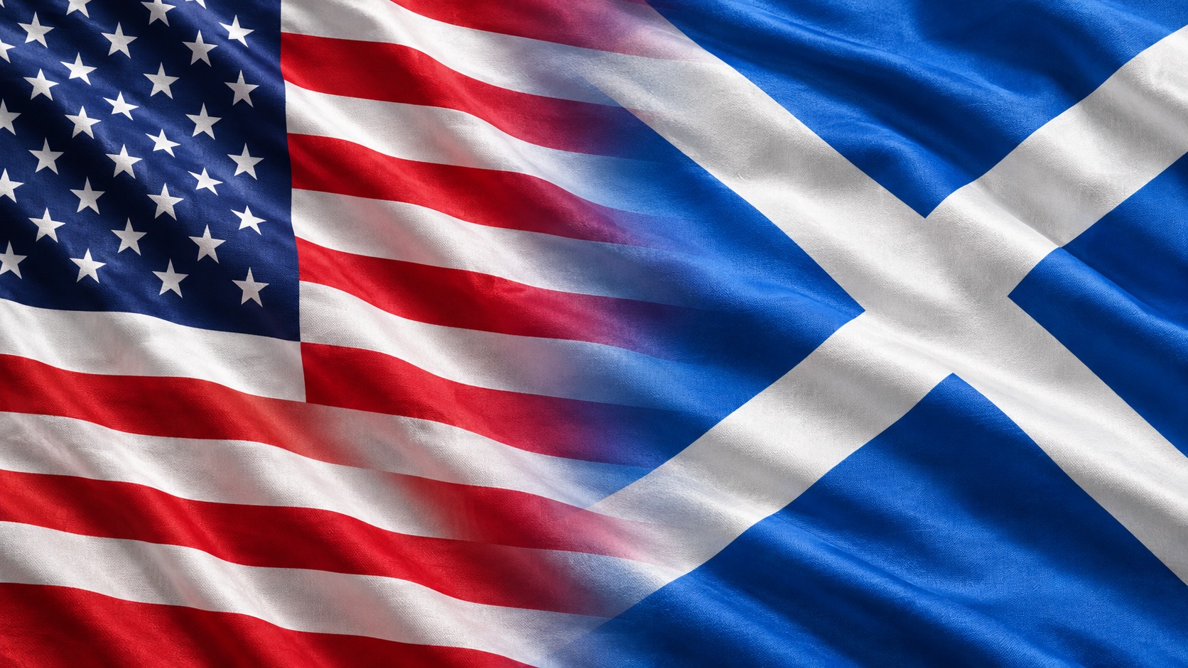 The United States flag blending into the Scottish Saltire across softly rippling fabric