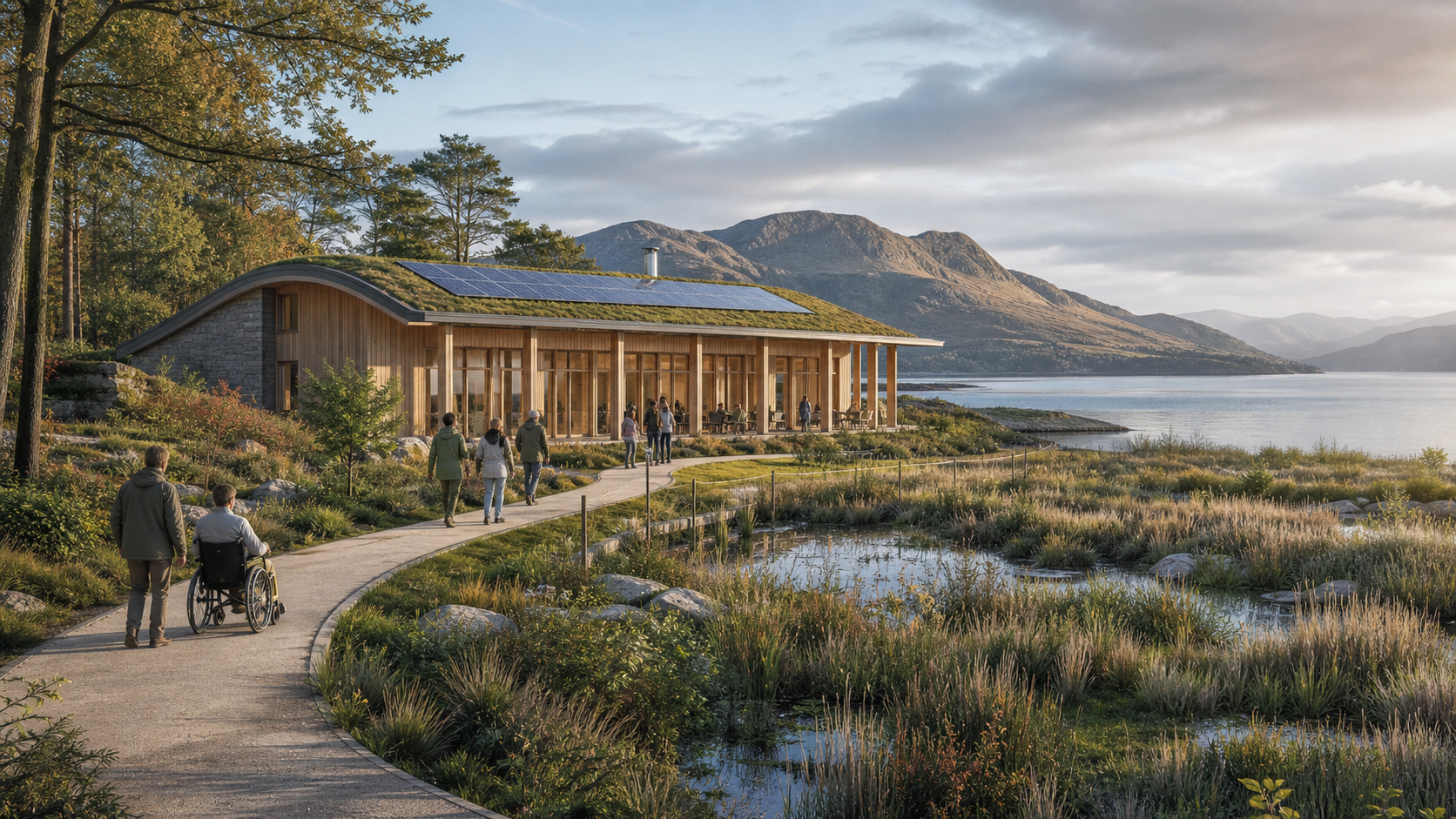 An accessible low-carbon timber building beside a Highland sea loch, surrounded by woodland, wetland, and residents